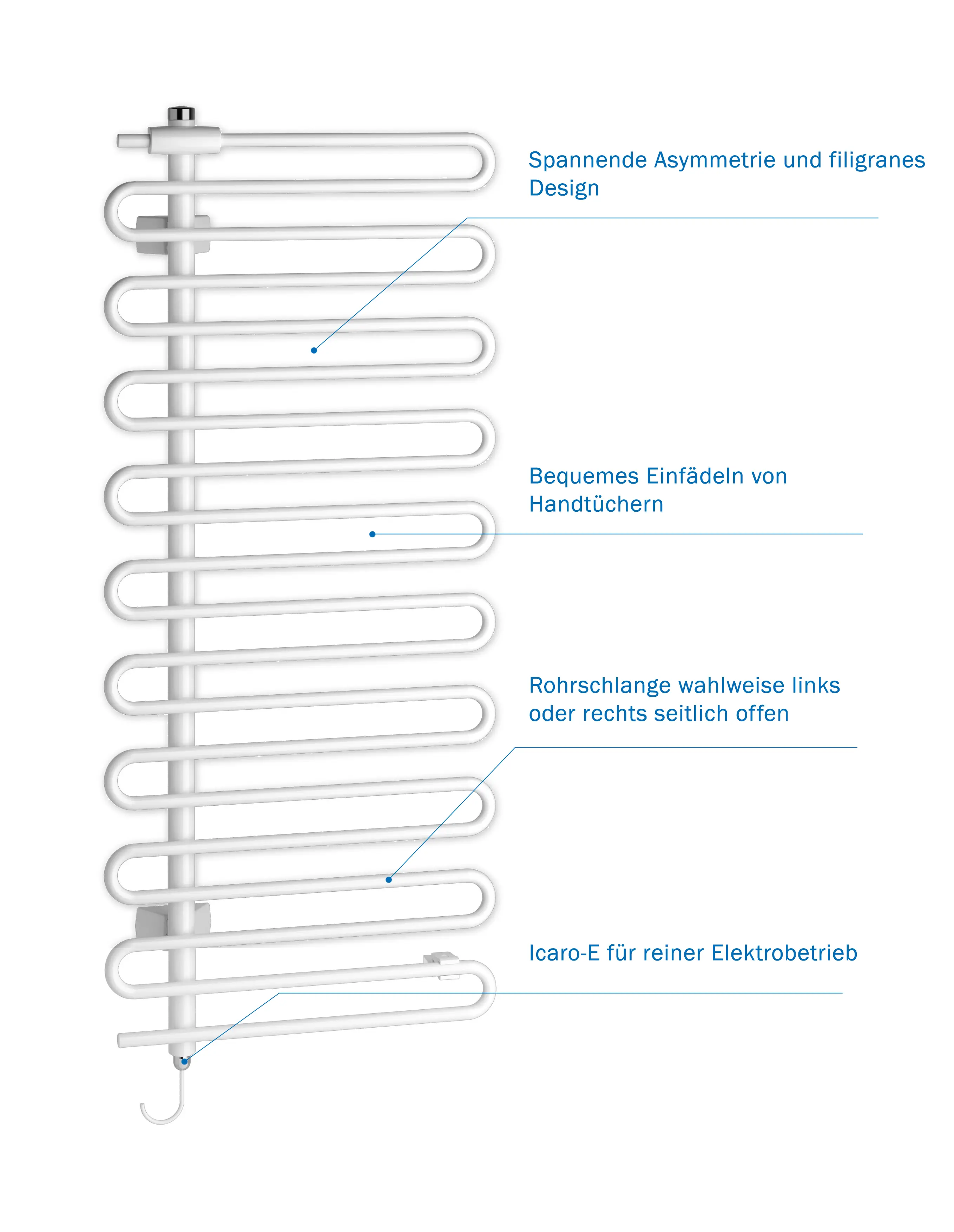 Heizkörper Icaro-E in Weiß mit asymmetrischem, filigranem Design zum bequemen Einhängen von Handtüchern. Die Rohrschlange ist wahlweise links oder rechts offen. Icaro-E für reinen Elektrobetrieb.